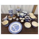 Pretty blue and white mugs, small oil lamp, salt