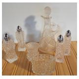 Lot of Vintage Cut Glass- Cruet, Salt & Pepper,