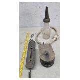 Pulley, scales, oil bottle
