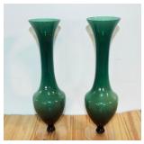 Pair of 10" tall Green Glass Vases