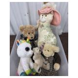 Bin of stuffed animal bears, unicorn, and cat - 1