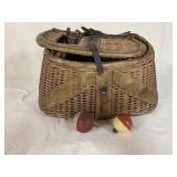 Older Fishing Creel Basket With 2 Older Bobbers