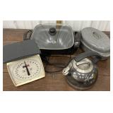 Kitchen Aid tea pot, grey enamel roaster pan,