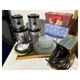 Retro kitchen ware. Plates, canister set, iron,