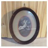 "Cupid Asleep" print in vintage metal oval frame