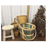 Baskets, small plant stand and grapevine cone