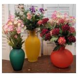 3 Glass Vases With Nice Silk Flowers