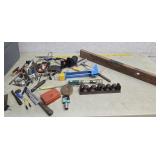 Tools, level, tape measure, lock, etc