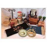 Candle holders, wooden boxes, cross stitch,
