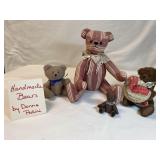 4 handmade bears by Donna Made from old ticking.