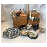 Asian boxes, plates, teapot, sake set, bowls,