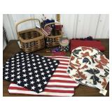 Patriotic baskets, placemats, snow globe, flags