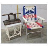 NASCAR folding chair, wicker stand, bird feeder