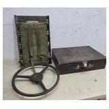 Military backpack, steering wheel, box