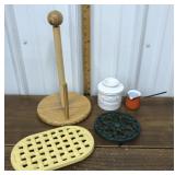 Paper towel holder, butter bell, Cast trivets, etc