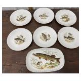 6 Wunsiedel German game fish plates and 1 serving