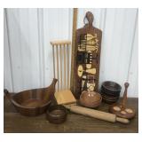 Wooden bowls, rolling pin, expanding rack etc