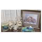Jars of seashells, glass shells, and photo