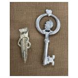 Stamped Sterling pins - feather and key