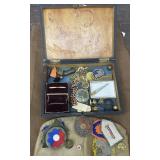 Men dresser box with contents - pins, tie tacks,