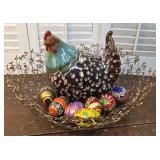 Large funky wire basket, chicken, wooden eggs