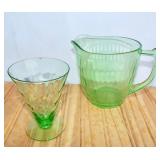 Jeanette Glass Green Optic Pitcher and Glass.