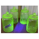 Set of 4 canisters green glow glass *not all