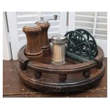 Retro lazy susan, cast iron napkin holder, salt