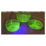 3 Glow Green Glass Divided Dishes - 1 With Metal