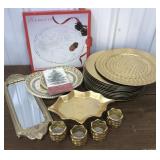 Platter, plate chargers, mirror, candles, paper