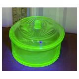 Hazel Atlas Lidded candy dish green glow glass
