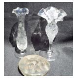 Etched Glass Vases & Clear Flower Frog