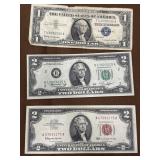 1 dollar Silver certificate and 2 Two Dollar
