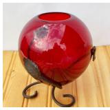 Ruby Red Round Vase in Decorative Metal Stand
