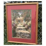 Pretty framed print- floral scene, dirty behind