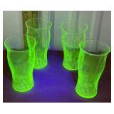 4 Water Glasses Glow Green Glass