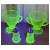 Green glow glass Salt and pepper shakers and