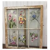 Old window with hand painted flowers and bird
