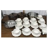 Pots, pans, Pfaltzgraff cups & saucers