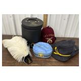 Kalurah hat and hat box, 2 Masonic hats etcï¿½