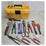 Toolbox with contents, cutters, pipe wrenches,
