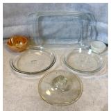 Pyrex casserole dish, pie plates, lid, fire-king
