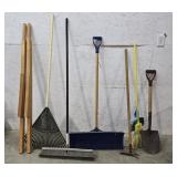 Rake, brooms, shovel, wheelbarrow handles