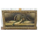 Relief embossed fishing creel and fish framed