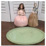 Jade Green Glass dresser tray & 2 lady