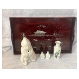 Lacquer tray w/ inlay, vase, incense burner,