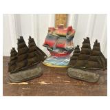 Pair ship bookends and 1 Chalkware bookend
