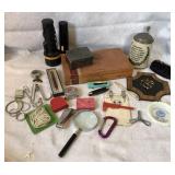 Cigar box, wall plaque, flashlights, magnifying