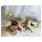 Glasses, mugs, pitchers, flatware, casserole