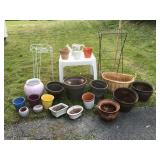 Plant stands, patio table, assorted planters
